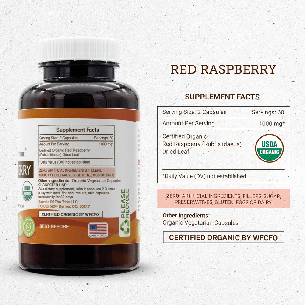 Secrets of the Tribe Red Raspberry USDA Organic Capsules | Certified Organic Vegetarian Capsules, Herbal Dietary Supplement | Rubus idaeus Dried Leaf (120 Count)