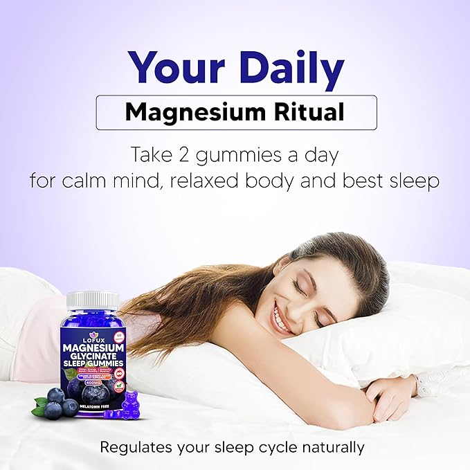 Lofux Magnesium Glycinate Gummies 400mg, Sugar Free Magnesium Gummies for Adults Women, Men, Chewable Supplement Gummy with L-Threonate, Vitamin D, B6, CoQ10 - for Calm, Sleep, Body Relaxation, 60 Ct