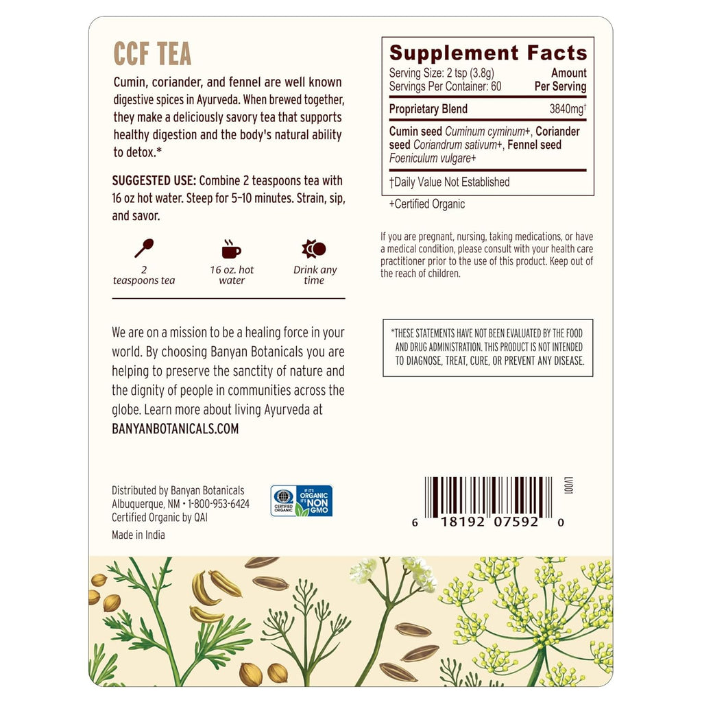 Banyan Botanicals CCF Tea (Cumin, Coriander, Fennel) – Organic Traditional Ayurvedic Detox Tea For Supporting Digestion & Gentle Cleansing* – ½ lb. – Non-GMO Sustainably Sourced Vegan
