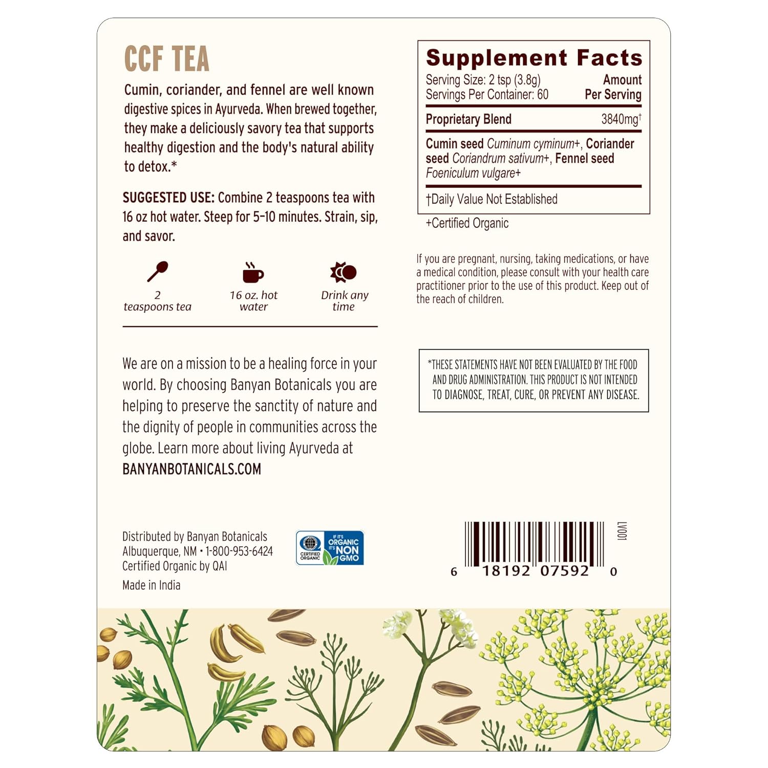 Banyan Botanicals CCF Tea (Cumin, Coriander, Fennel) – Organic Traditional Ayurvedic Detox Tea For Supporting Digestion & Gentle Cleansing* – ½ lb. – Non-GMO Sustainably Sourced Vegan
