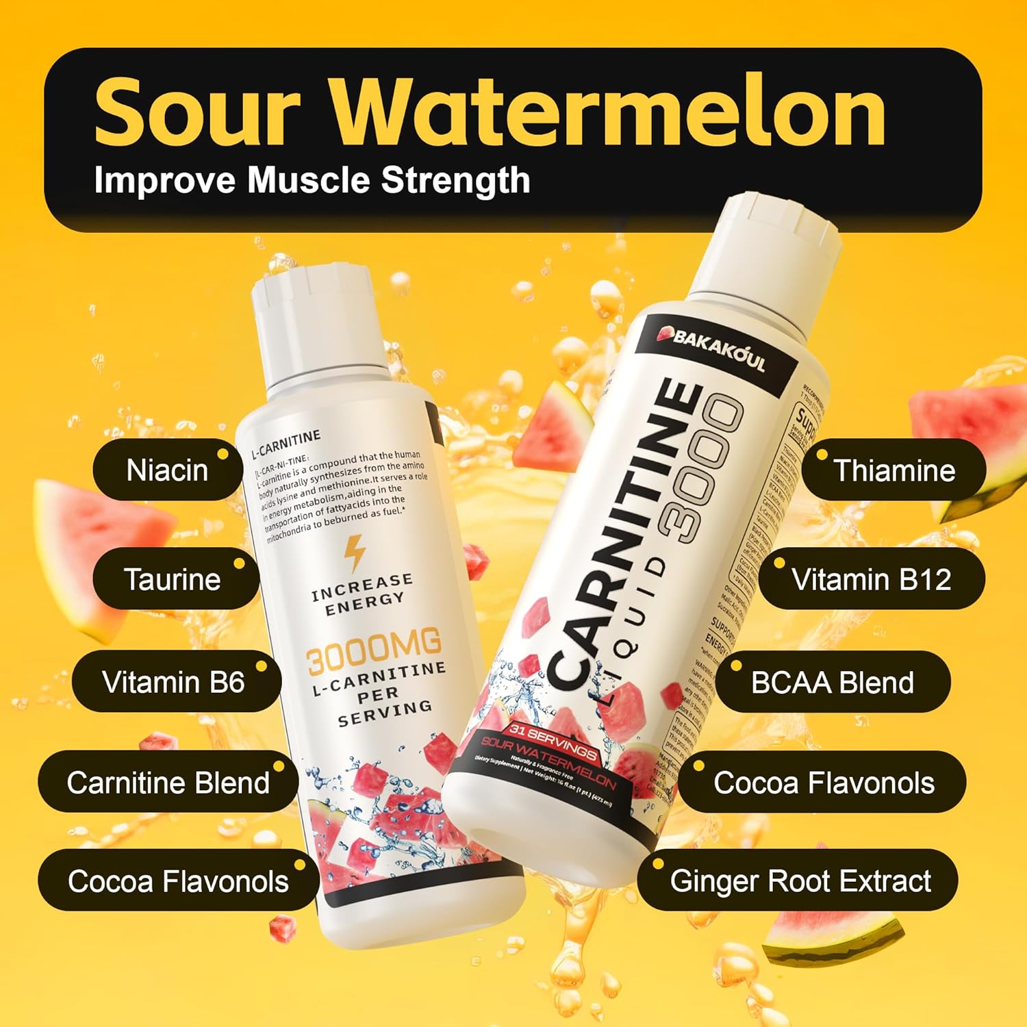 L Carnitine Supplement Liquid 3000 mg, with BCAA Sports Supplements, Help Support Energy Boosts, Support Muscle, Efficient Formula with Acetyl Rapid Absorption, Sustained Energy, Watermelon Flavor