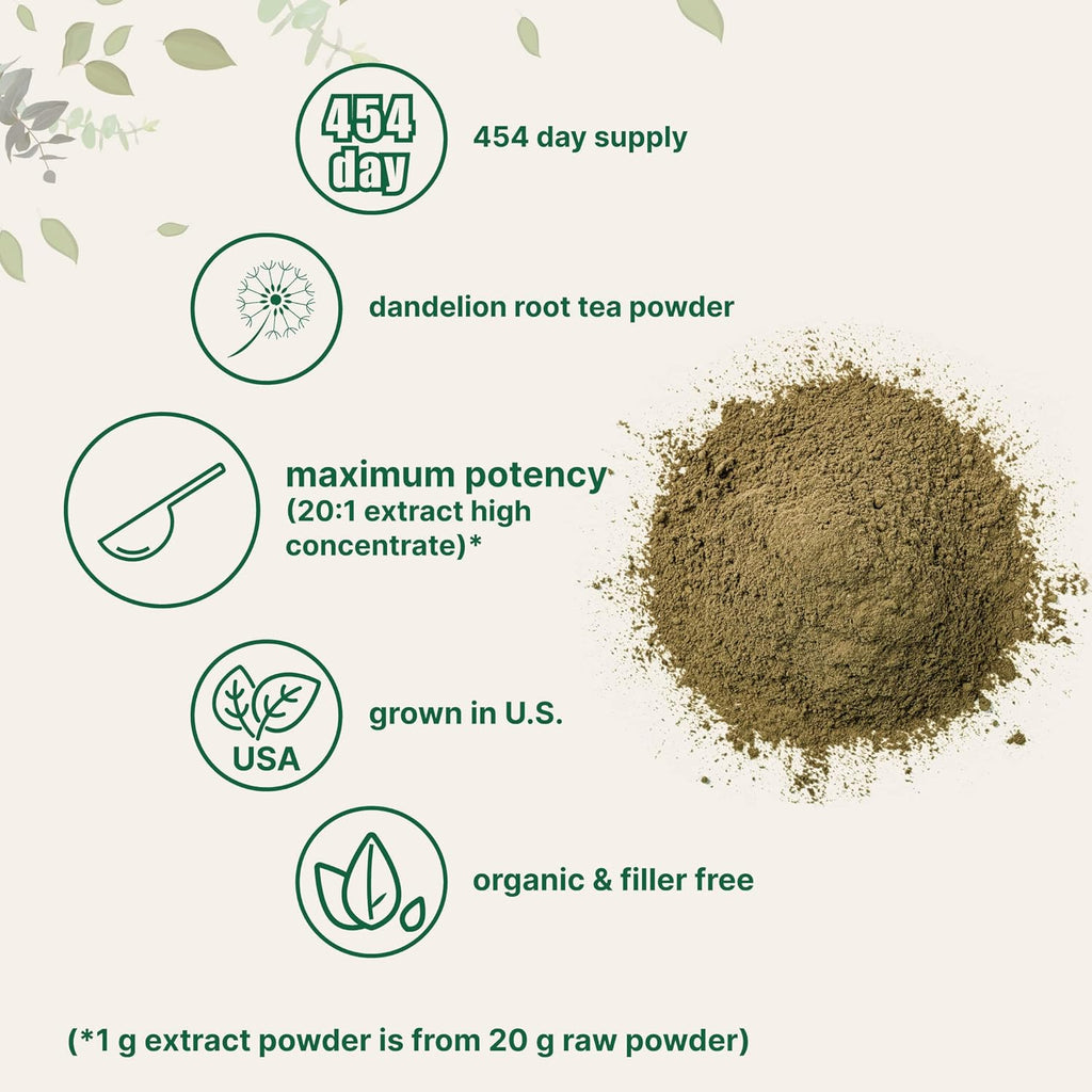 Organic Dandelion Root Tea Powder, 1lb (16oz) | Up to 450 Servings | Pure Dark Roasted Dandelion Root Supplement for Tea | Herbal Extract for Digestion & Immune Support | Caffeine Free, Non-GMO