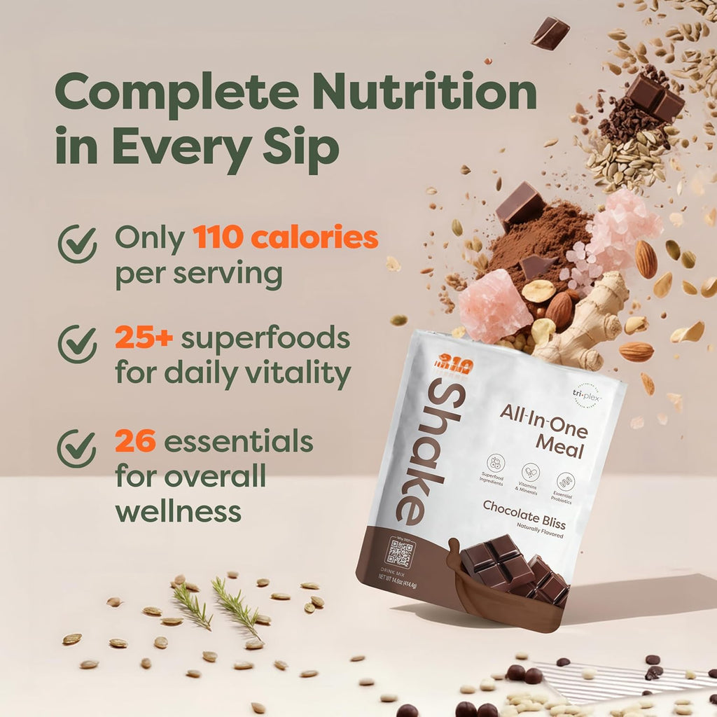 310 Nutrition All-In-One Meal Replacement Shake Powder - Plant-Based Protein Smoothie Blend w/High Fiber, Probiotics & Adaptogens - Low Carb, Vegan, Keto & Paleo Friendly - Chocolate Bliss - 14 Srv