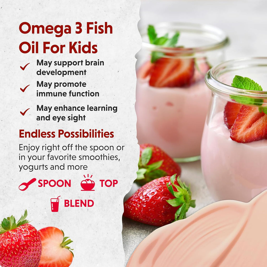 Barlean's Omega Pals Omega 3 for Kids, Yummy Straw-Nana Flavored Children's Liquid Flax Seed Oil Supplement with 1,483 mg ALA, Non-GMO, Vegan Brain and Eye Health, 8 oz