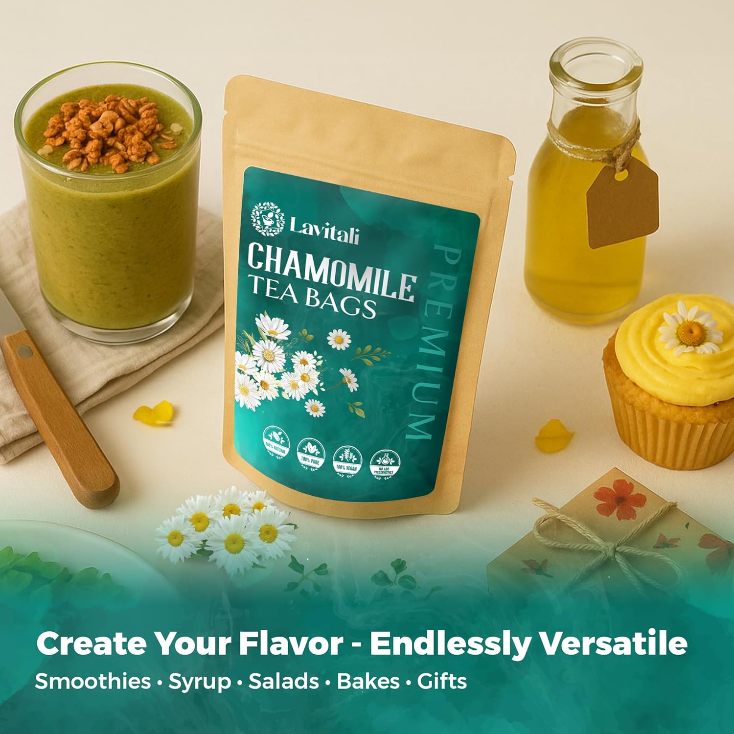 Lavitali, Chamomile Flower Tea| 60 bags, 100% Pure Herbal Tea | Caffeine-Free, Antioxidant-Rich, Eco-Friendly Filter Bag | Daily Natural Botanical, Hot or Iced Floral Infusion