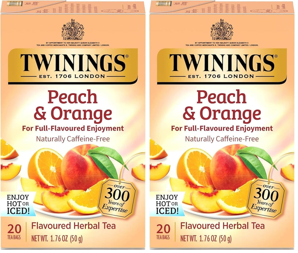 Twinings Peach & Orange Herbal Tea Individually Wrapped Bags, 20 Count (Pack of 2), Juicy & Fruity, Naturally Caffeine-Free, Enjoy Hot or Iced, 20 Teabags