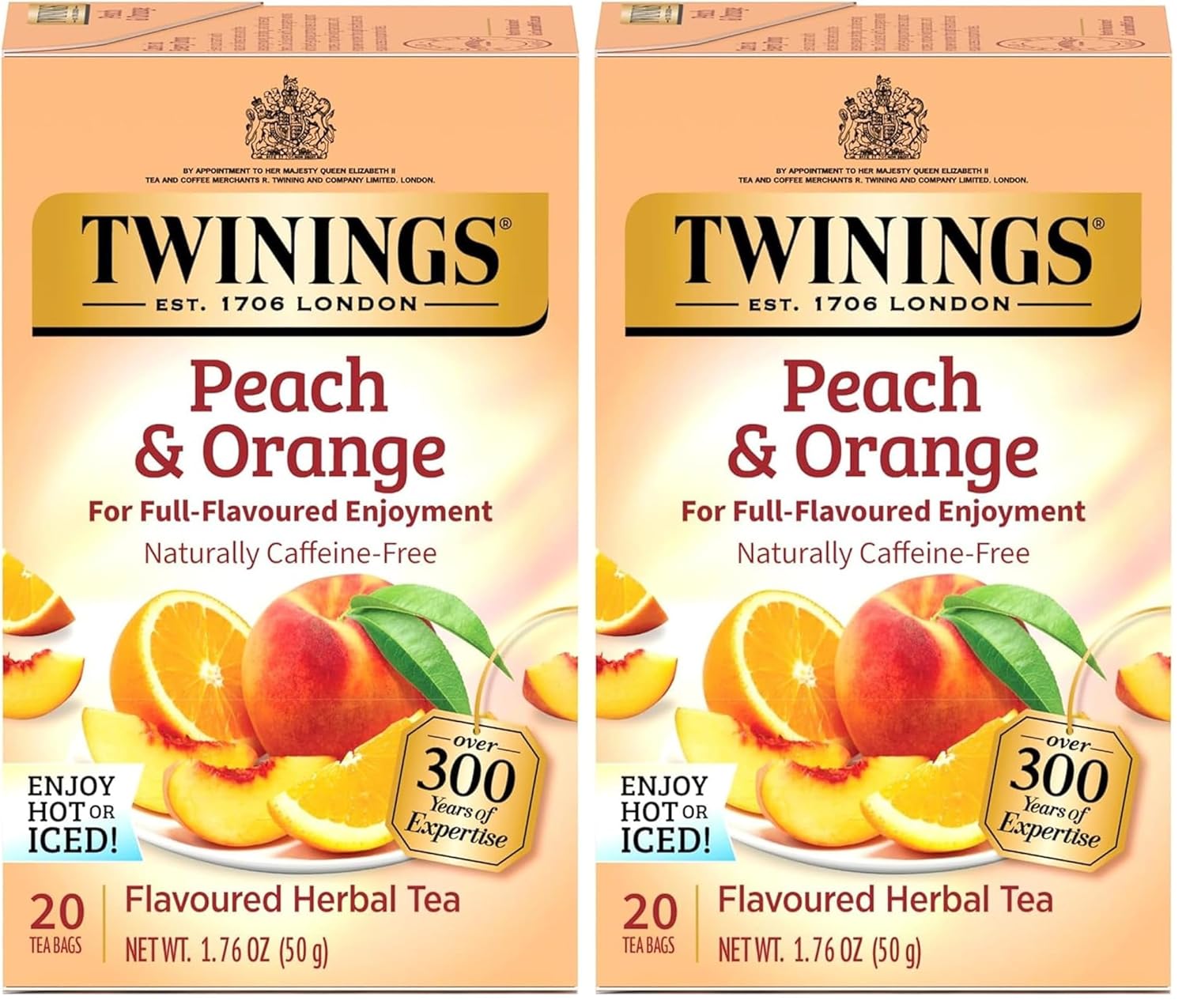 Twinings Peach & Orange Herbal Tea Individually Wrapped Bags, 20 Count (Pack of 2), Juicy & Fruity, Naturally Caffeine-Free, Enjoy Hot or Iced, 20 Teabags