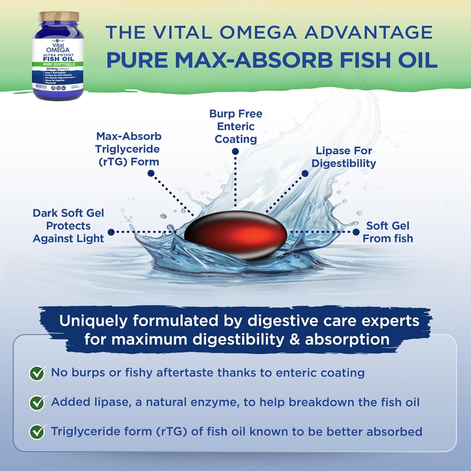 Vital Planet - Vital Omega 3 Fish Oil Mini Softgels Supplement with 800mg of High Potency Wild Caught Omega 3 Fatty Acid Supplements EPA DHA and DPA for Heart Health 60 Softgels (Packaging May Vary)