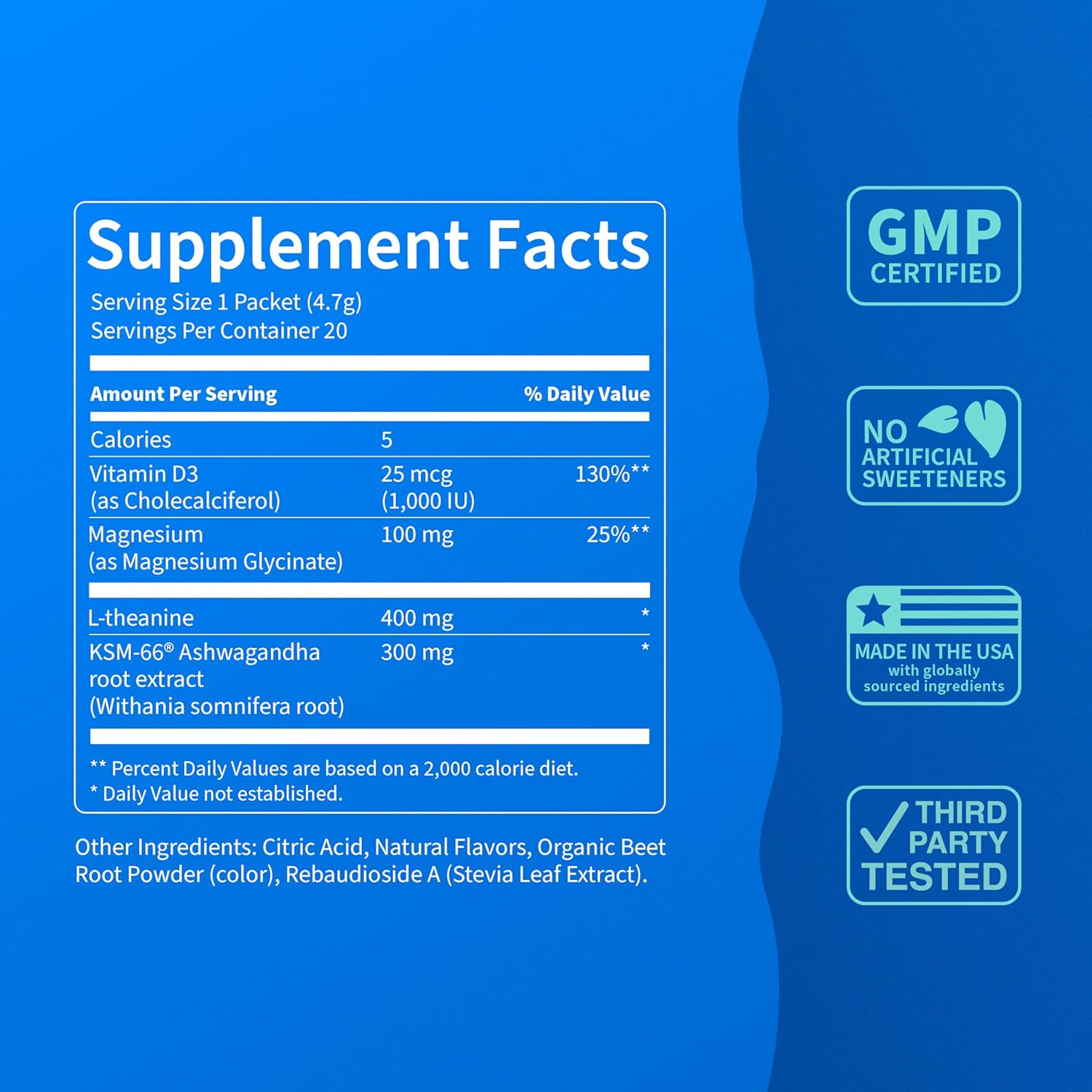 Supercalm Drink Mix - Ashwagandha KSM 66, Magnesium Glycinate & L-Theanine Supplement - Ashwagandha Root Extract - Focus and Relaxation Support (20 Travel Packets) - Melon Berry