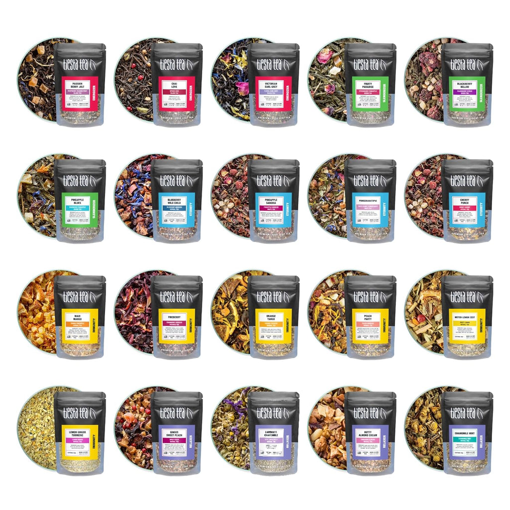 Tiesta Tea - Discovery Sampler Dry Flight Set, Loose Leaf, High to No Caffeine, Hot & Iced Up to 200 Cups, Tea Variety Pack with Green, Herbal, Black & Chai Brew, 20 Resealable Sample Pouches