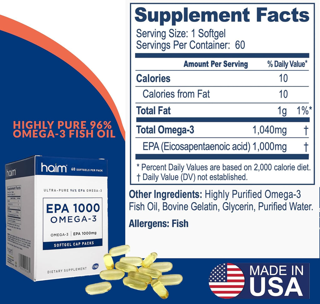 HAIM EPA1000 – High-Potency EPA Fish Oil Supplement – 1,100mg Omega-3 for Heart, Brain & Joint Health – Pharmaceutical-Grade Softgels – Pure, Burpless Capsules – 60 Softgels – Made in USA