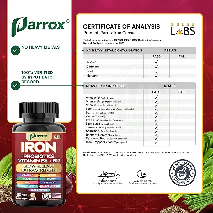 Iron Supplement with Slow Release Iron, Probiotics, Spirulina, Turmeric, Vitamin B6, B12, C, Zinc, Folate, Beetroot, Nettle Leaf, Dandelion Root, Black Pepper, Extra Strength, 60 Vegan Capsules