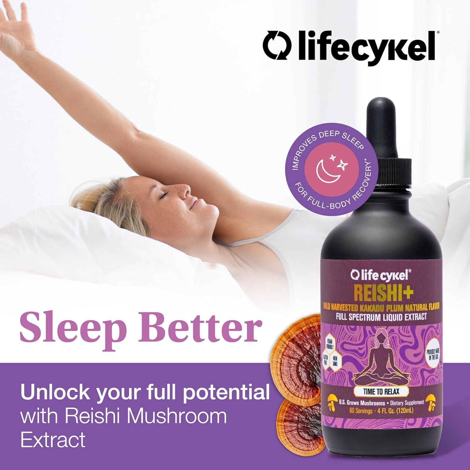 Life Cykel - Reishi Mushroom Extract w/Kakadu Plum- Adaptogen for Sleep Help, Relaxation & Cellular Support- 100% Organic Mushrooms, Antioxidants Vitamin C, 2oz (Packaging May Vary)