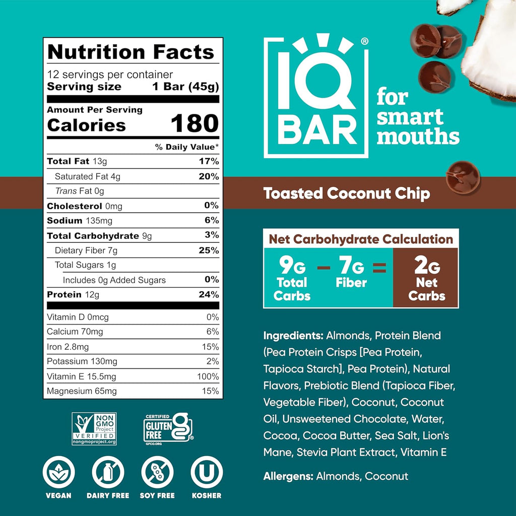 IQBAR Brain and Body Plant Protein Bars - Toasted Coconut Chip - 36-Count - Keto, Vegan, Low Carb, High Fiber, Gluten Free, Dairy Free, Low Sugar Snack with Nutrients for Focus, Energy, Meal Replacement