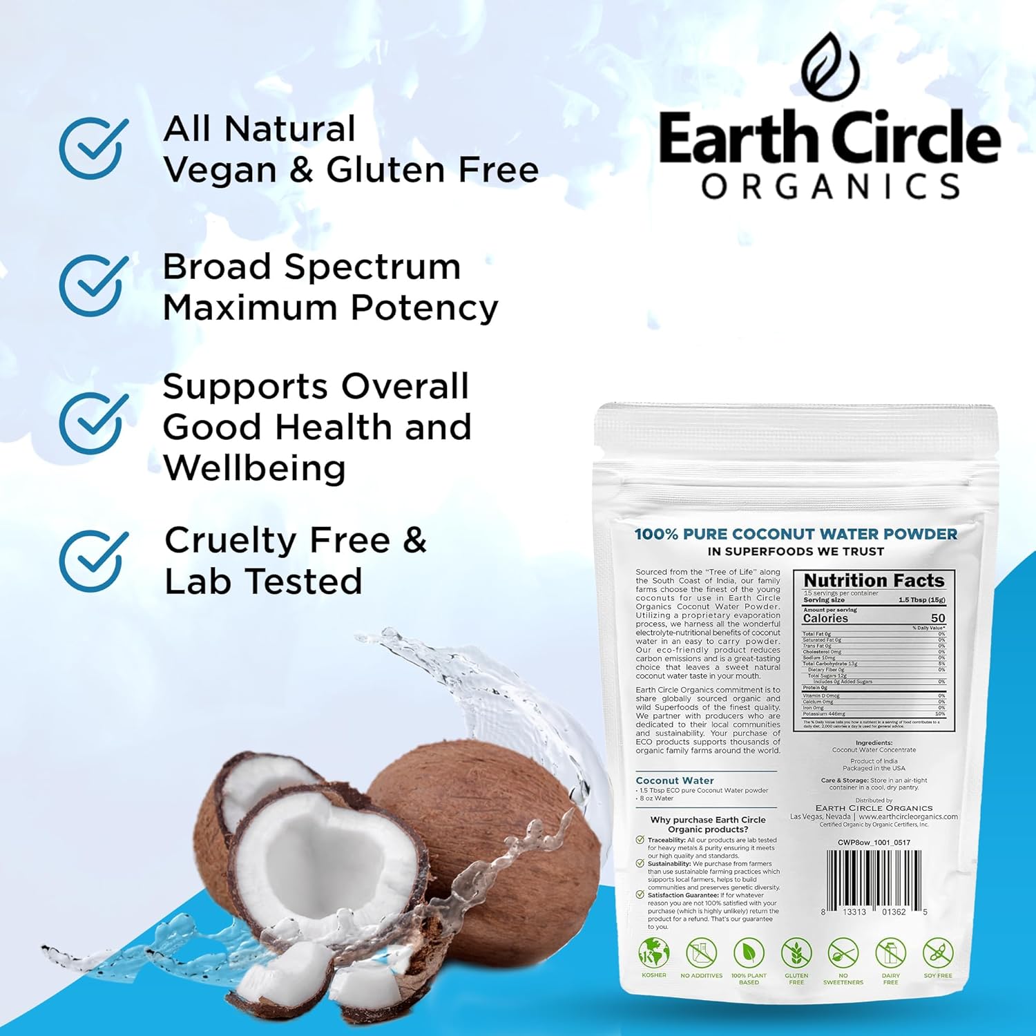 Earth Circle Organics Pure Coconut Water Powder | Coconut Electrolyte Powder for Energy and Hydration Supplement | No Additives | Unsweetened | Vegan | Keto | Gluten Free - 8oz (Pack of 2)