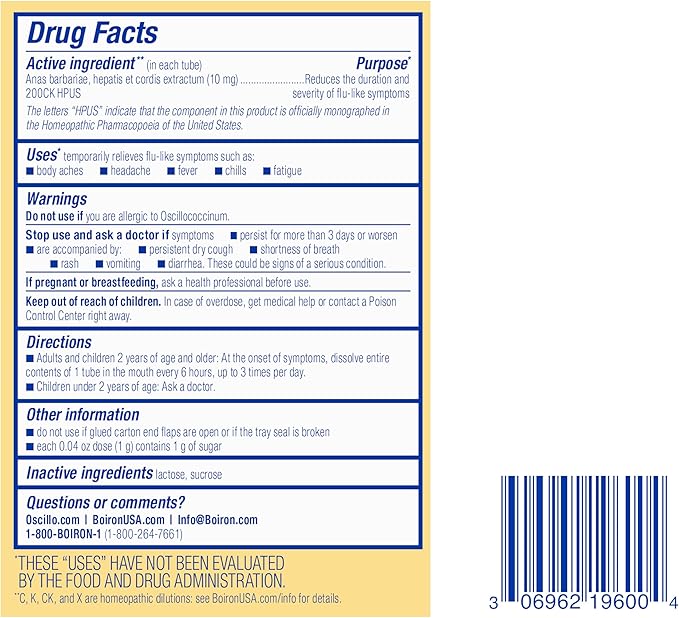 Boiron Oscillococcinum for Relief from Flu-Like Symptoms of Body Aches, Headache, Fever, Chills, and Fatigue - 60 Doses (Pack of 2)