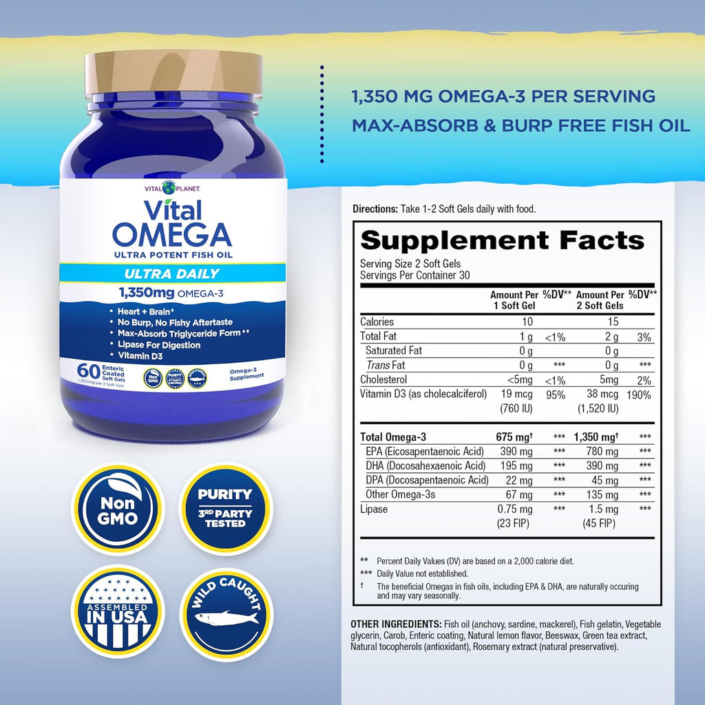 Vital Planet - Vital Omega 3 Fish Oil Ultra Daily Supplement with 1350mg of 2X Strength High Potency Cold Water Wild Caught Omega 3 Fatty Acid Supplements EPA DHA and DPA for Heart Health 60 Softgels