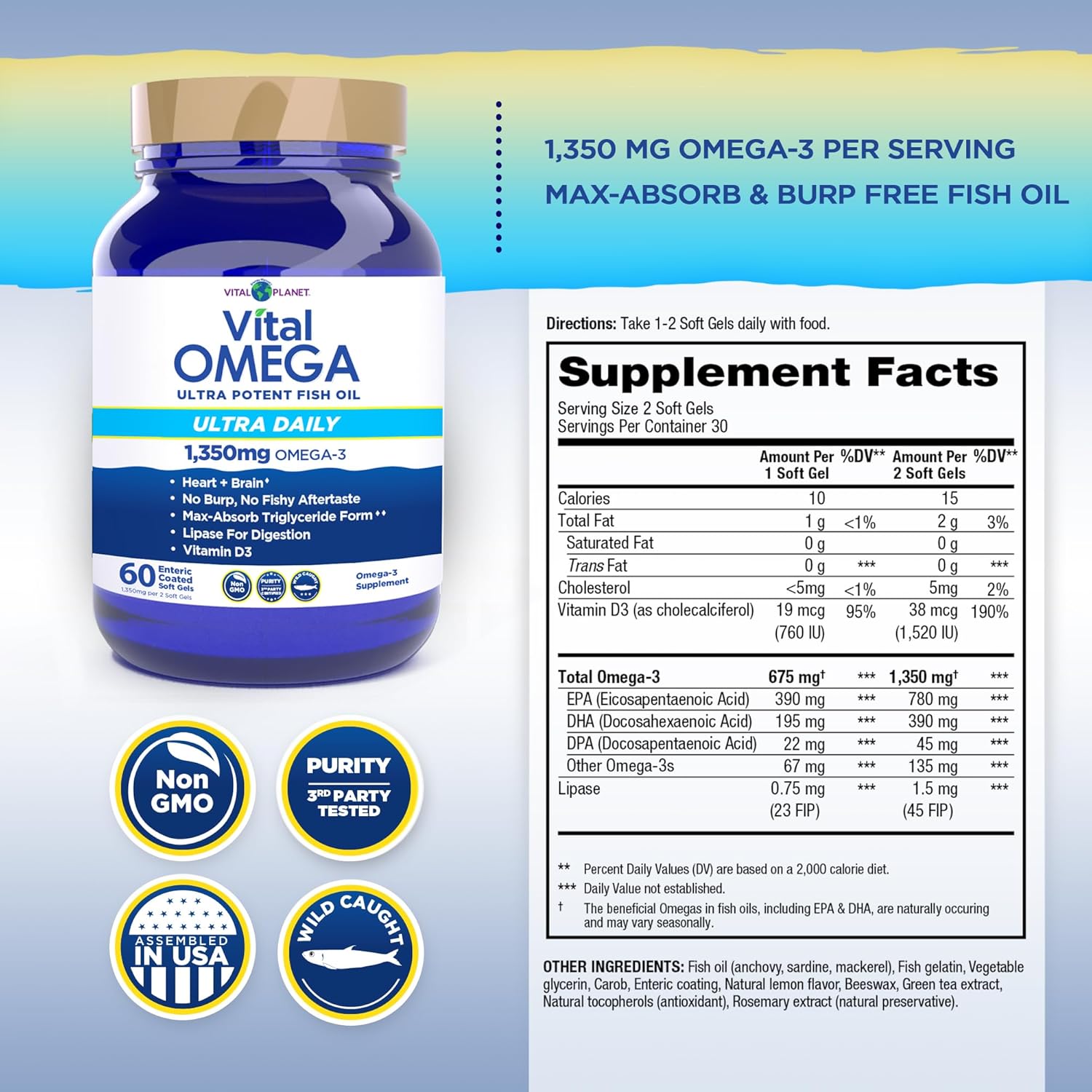 Vital Planet - Vital Omega 3 Fish Oil Ultra Daily Supplement with 1350mg of 2X Strength High Potency Cold Water Wild Caught Omega 3 Fatty Acid Supplements EPA DHA and DPA for Heart Health 60 Softgels