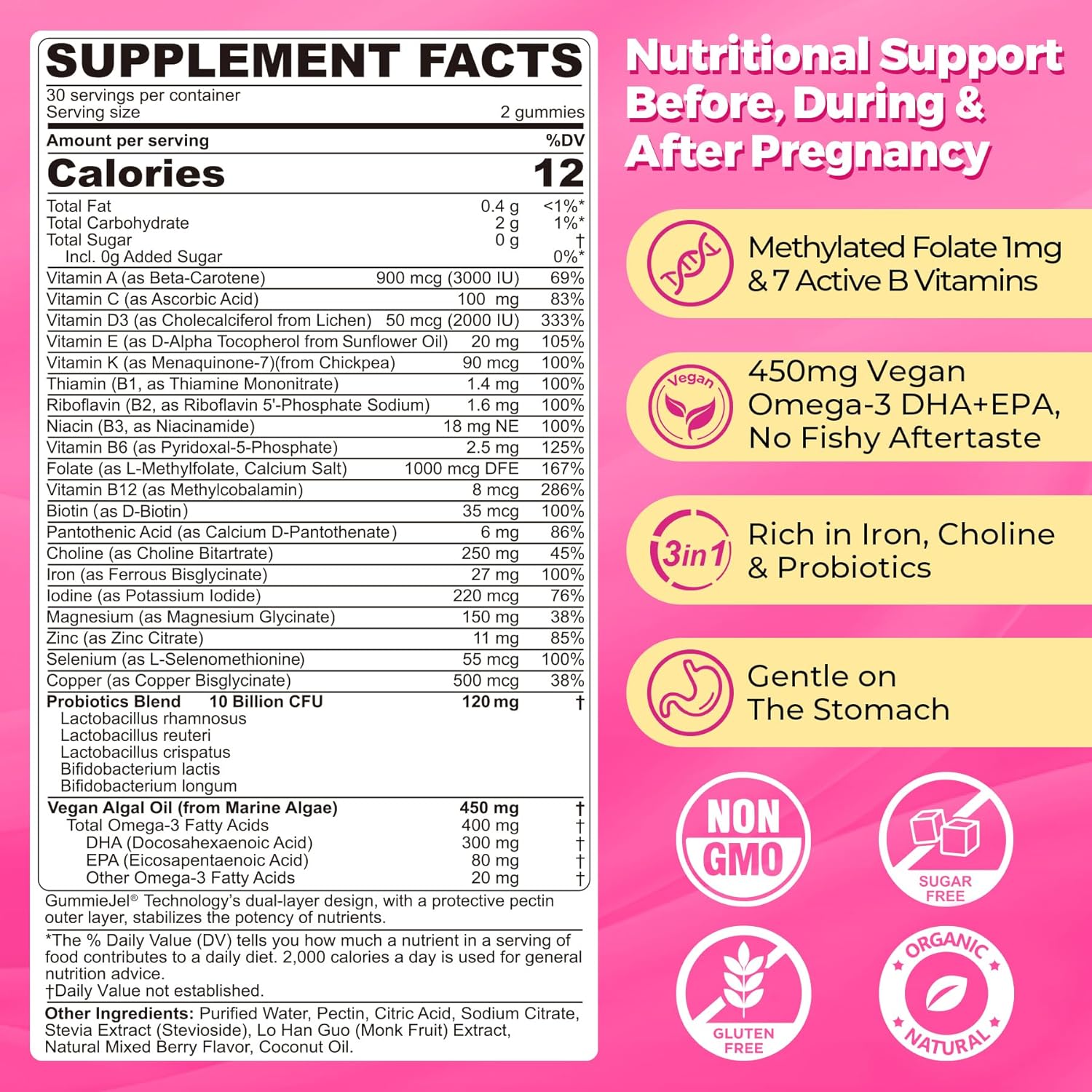 Prenatal Multivitamin Gummy for Women w/Methylfolate 1mg, Iron Choline Omega-3(DHA+EPA), Prenatal Vitamins for Women Gummies, Postnatal Vitamins | Before,During & After Pregnancy, Sugar Free,120Cts