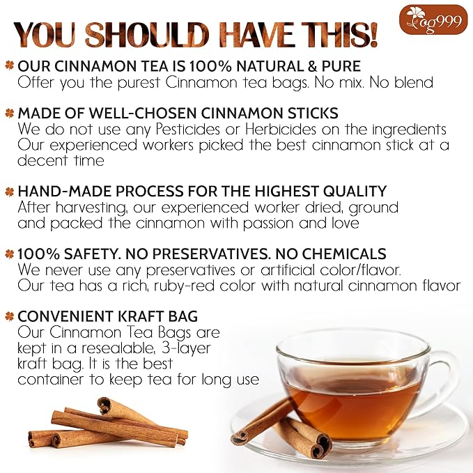 TOG999, Premium 20 Cinnamon Tea Bags, 100% Natural & Pure. Cinnamon Herbal Tea. No Sugar, No Caffeine, No Gluten, Vegan.