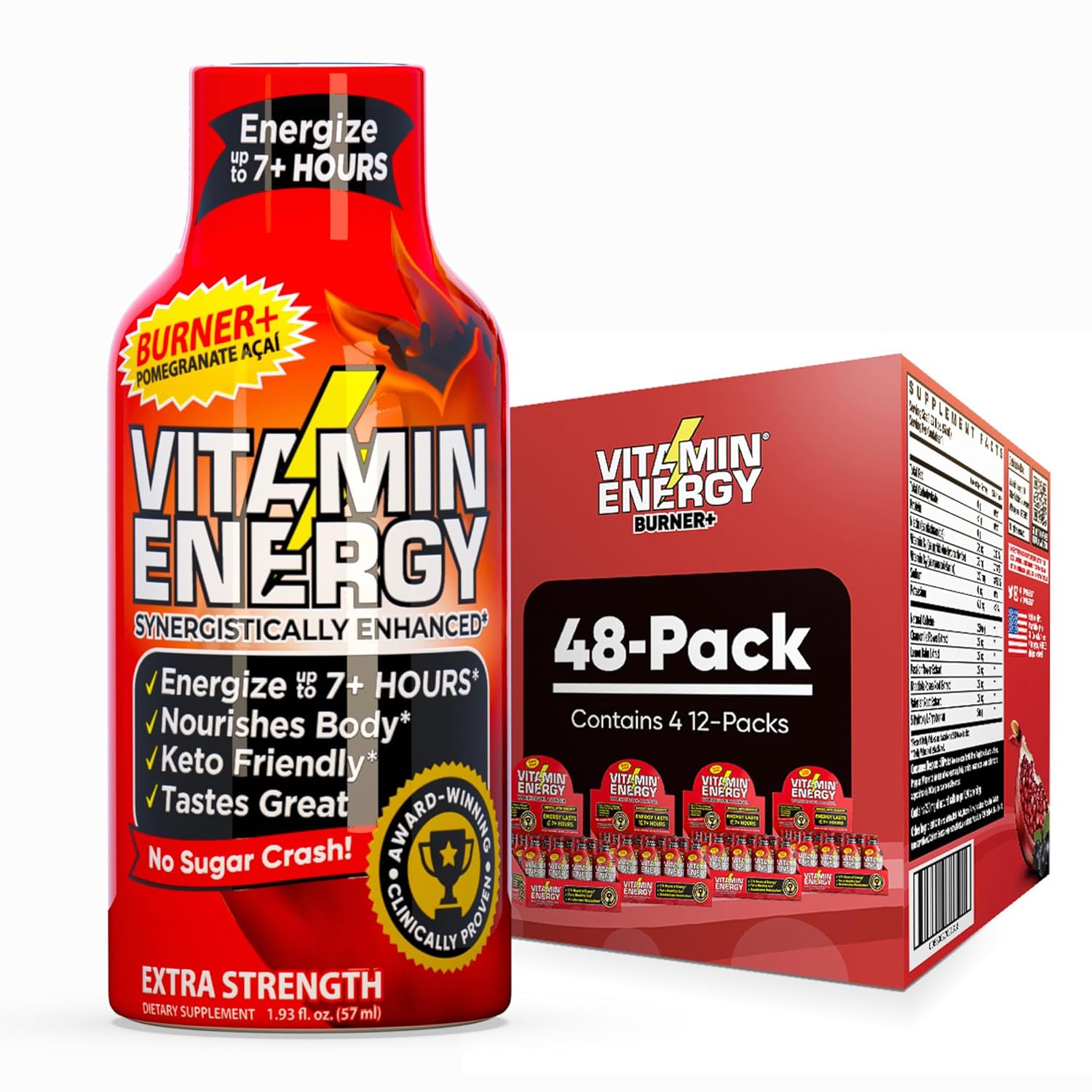 Vitamin Energy Burner+ Extra Strength Energy Shot Pomegranate Açaí 48 Pack, 260mg Natural Caffeine, 25mg Ketones, Green Tea, EGCG, Metabolism, Endurance, Zero Sugar, Gluten-Free, Vegan, 1.93 fl oz