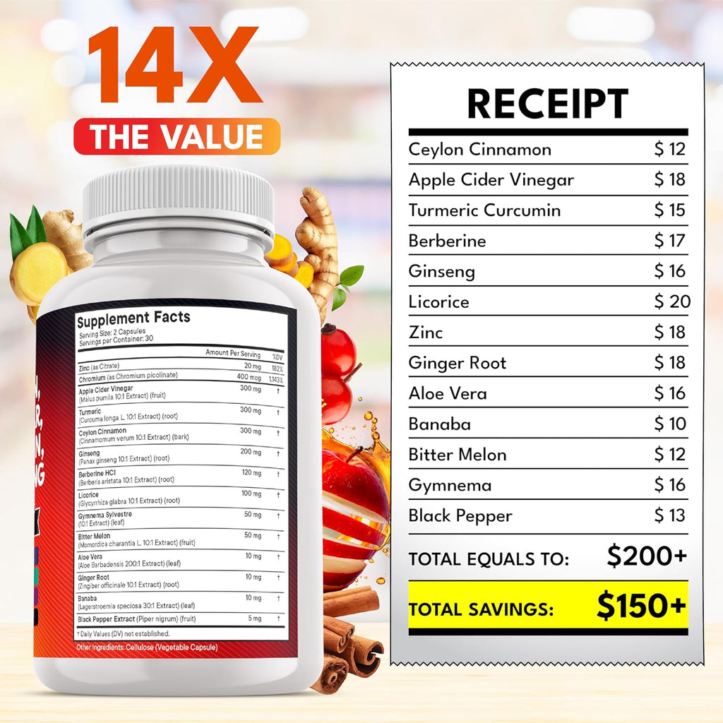 Ceylon Cinnamon, Turmeric, Apple Cider Vinegar, Ginseng, Aloe Vera, Berberine Plus Banaba, Ginger Root - 120 Count