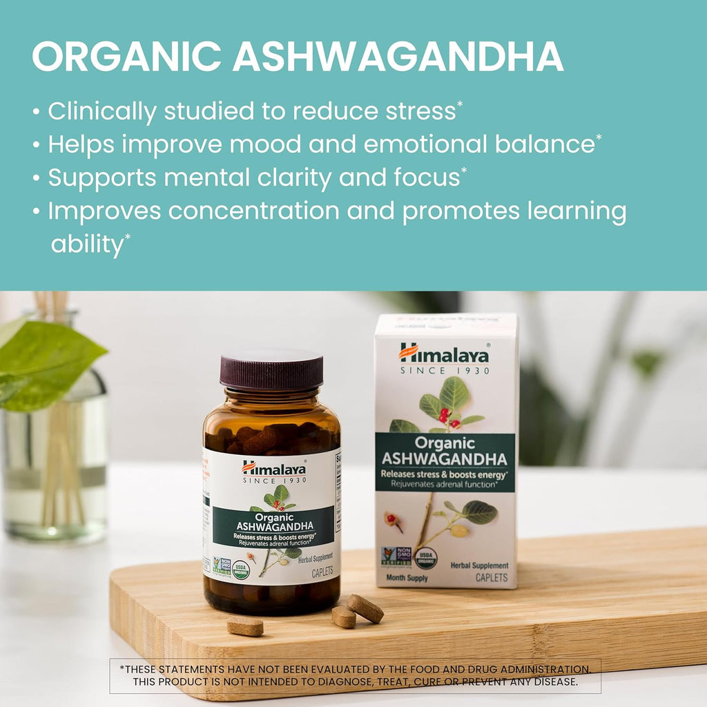 Himalaya Organic Ashwagandha, 90 Day Supply, Herbal Supplement for Stress Relief, Energy Support, Occasional Sleeplessness, USDA Certified Organic, Non-GMO, Vegan, Gluten Free, 670 mg, 90 Caplets