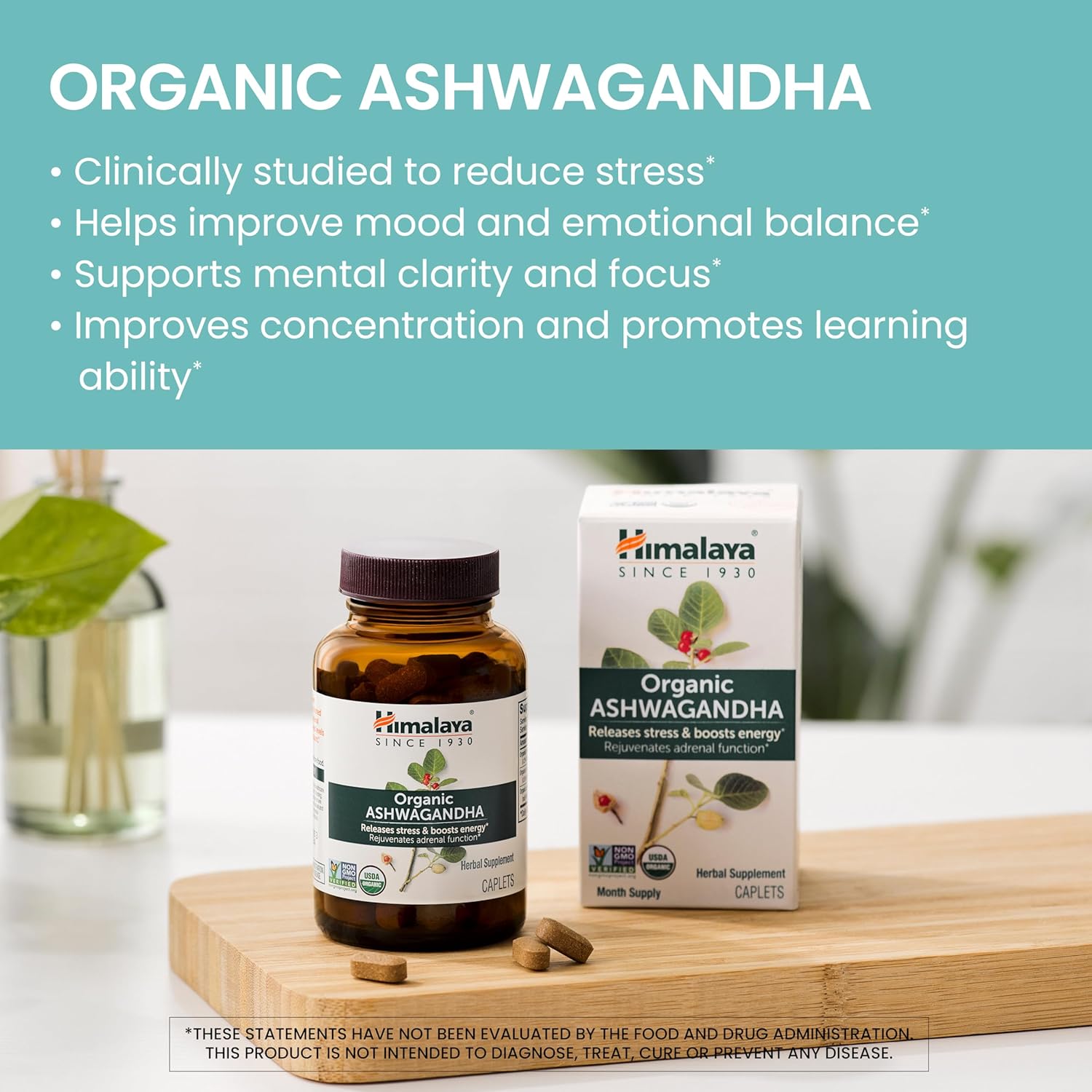 Himalaya Organic Ashwagandha, 90 Day Supply, Herbal Supplement for Stress Relief, Energy Support, Occasional Sleeplessness, USDA Certified Organic, Non-GMO, Vegan, Gluten Free, 670 mg, 90 Caplets