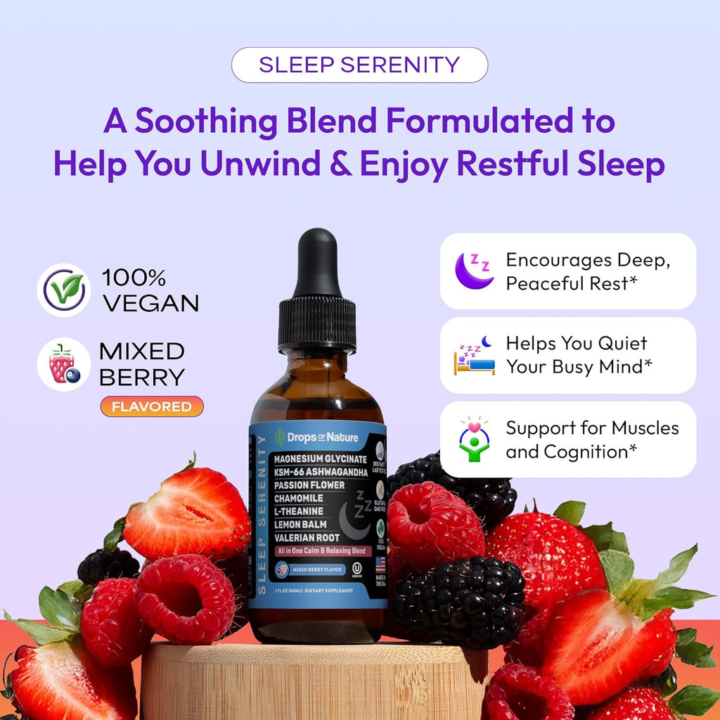 Magnesium Glycinate & Ashwagandha Liquid Drops with Valerian Root, Chamomile, Passion Flower, Lemon Balm & L-Theanine - Vegan Fast Absorption - Supplement for Wellness & Relaxation (Mixed Berry, 60mL)