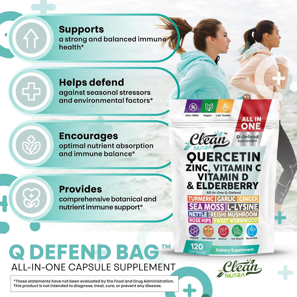 Q Defend Immune Support Supplement Quercetin Zinc Vitamin C Vitamin D Elderberry Turmeric Black Pepper Garlic Ginger Sea Moss Lysine Stinging Nettle Reishi Mushroom 120 Capsules by Clean Nutra