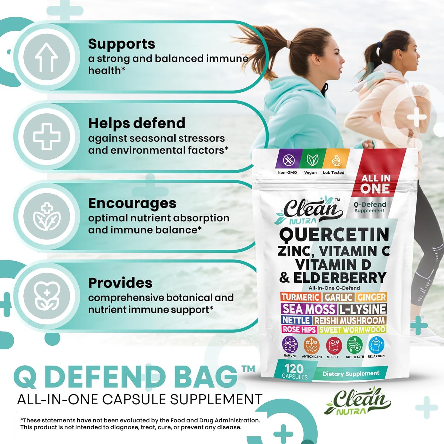 Q Defend Immune Support Supplement Quercetin Zinc Vitamin C Vitamin D Elderberry Turmeric Black Pepper Garlic Ginger Sea Moss Lysine Stinging Nettle Reishi Mushroom 120 Capsules by Clean Nutra