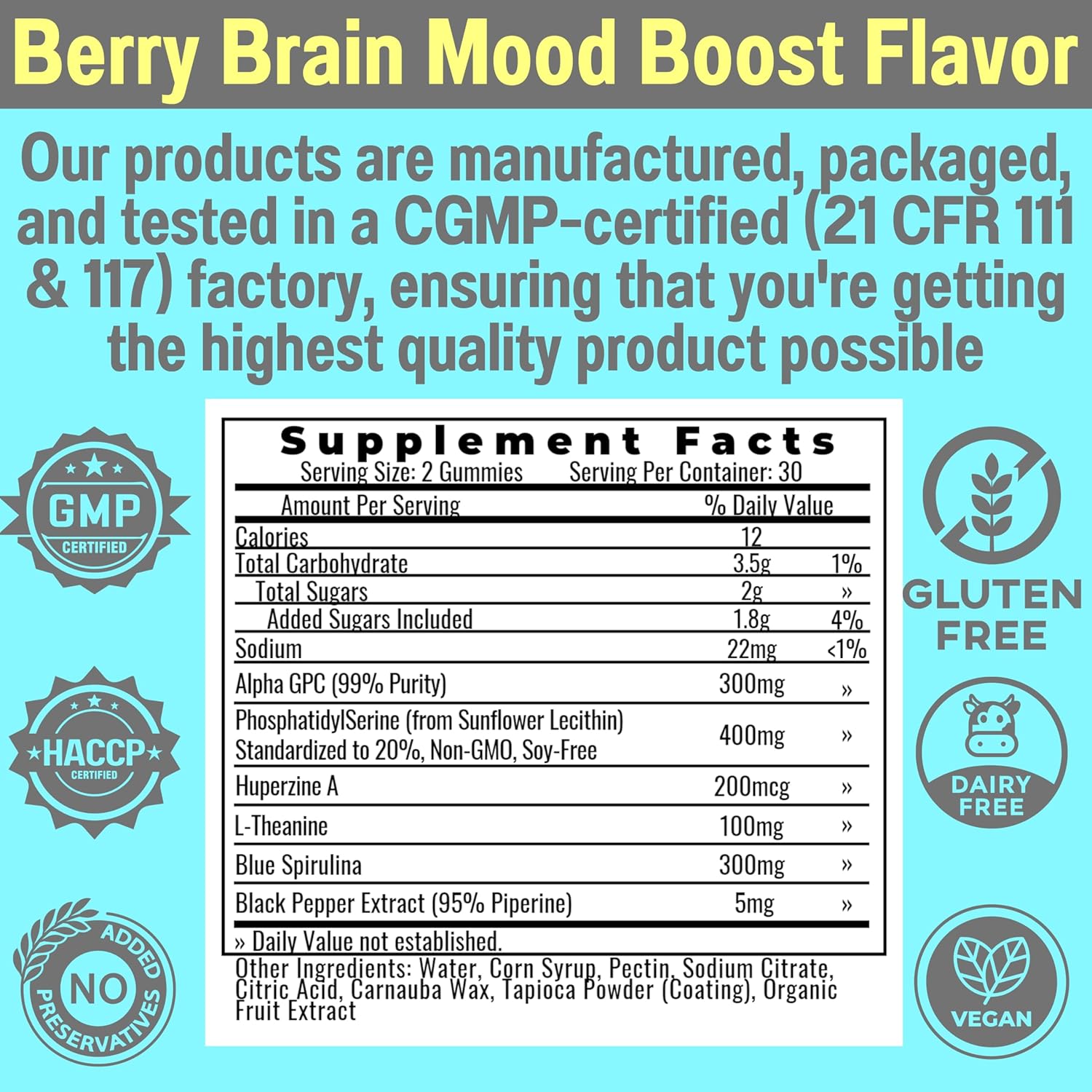Alpha GPC Huperzine A PhosphatidylSerine L-Theanine Blue Spirulina Bioperine Gummies, Alpha-GPC Huperzine-A Phosphatidyl Serine L Theanine Supplement, Powder Capsules Tablets Liquid Supplements Alt