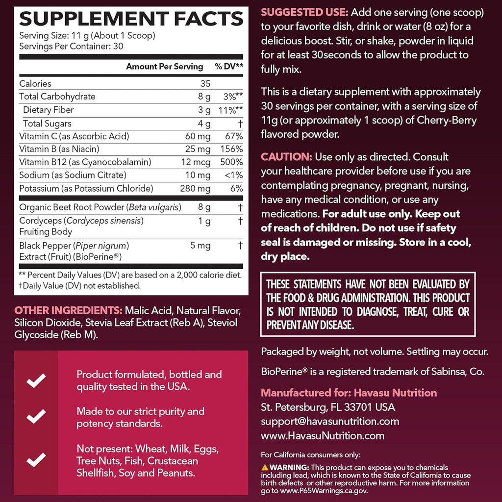 Organic Beet Root Powder with Vitamin B12 & Coryceps - Nitric Oxide Supplement - Beetroot Powder for Energy & Post Workout Recovery - Mix with Water or Smoothies, Cherry Berry Flavor - 30 Servings