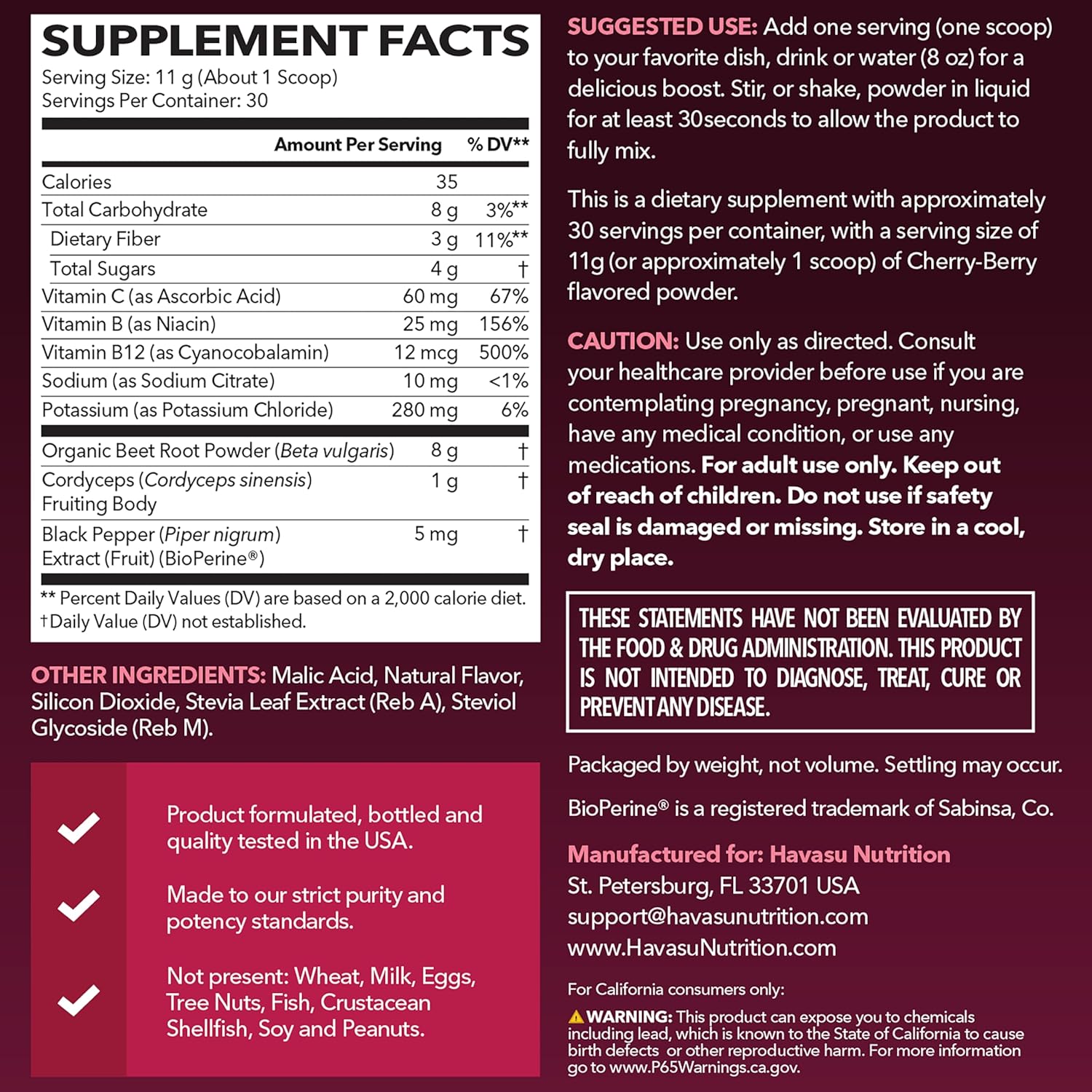 Organic Beet Root Powder with Vitamin B12 & Coryceps - Nitric Oxide Supplement - Beetroot Powder for Energy & Post Workout Recovery - Mix with Water or Smoothies, Cherry Berry Flavor - 30 Servings