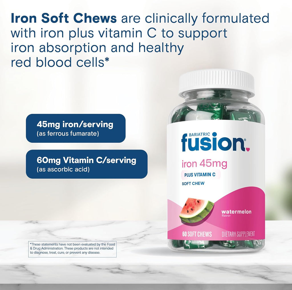 Bariatric Fusion Iron Supplement for Women Anemia | Chewable Iron with Vitamin C | Watermelon Flavored Soft Chew | Gentle on Stomach Ferrous Fumarate for Women and Men | Gluten Free | 60 Count