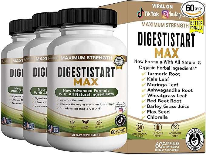 Digestive Start Max Supplement, 60 Veggie Capsules, Natural Enzyme Blend with Probiotics, 30 Day Supply (3)
