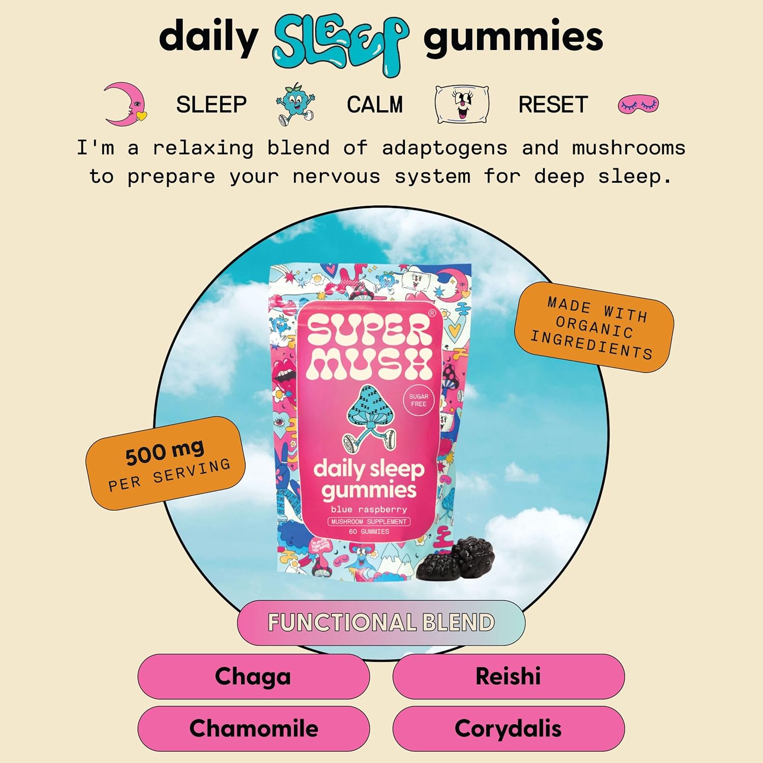 Sleep Gummies for Adults - Mushroom Supplement with Magnesium Citrate, L-Theanine, Chaga, Reishi & Chamomile for Deep Sleep, REM & Detox - Vegan & Sugar-Free - 60 Gummies (30 Servings)