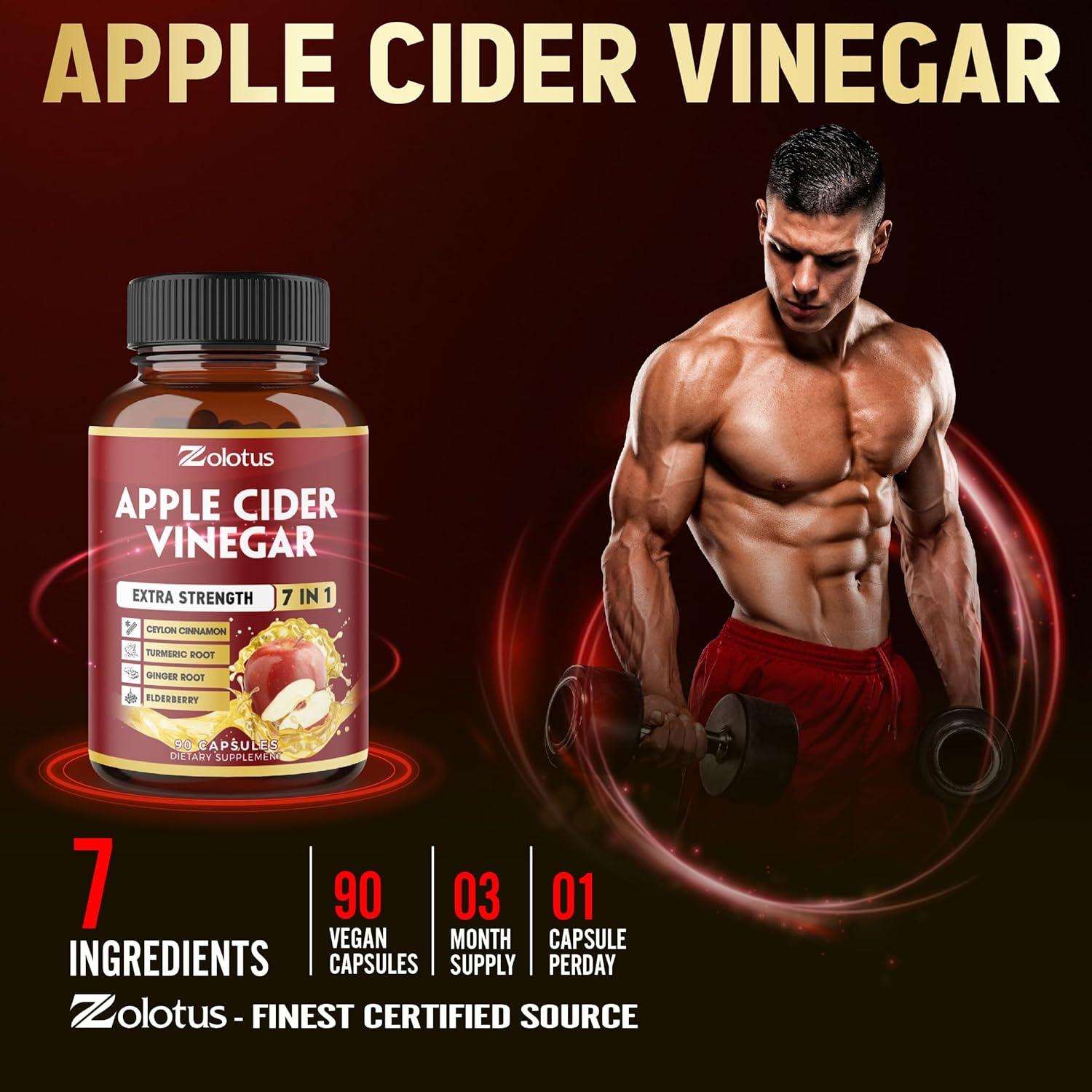 Zolotus 7 in 1 Apple Cider Vinegar Capsules, 3 Month Supply with Ceylon Cinnamon, Ginger Root, Turmeric, Elderberry for Supports Digestion, Immune, 90 Capsules