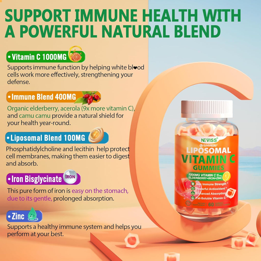 Liposomal Vitamin C 1000mg Gummies for Adults - Vitamin C Chewable 1500mg with 8mg Iron, Zinc & Elderberry - Immune Support, Immune Booster Supplement - for Energy, Collagen Booster, 1Pack Sugar Free