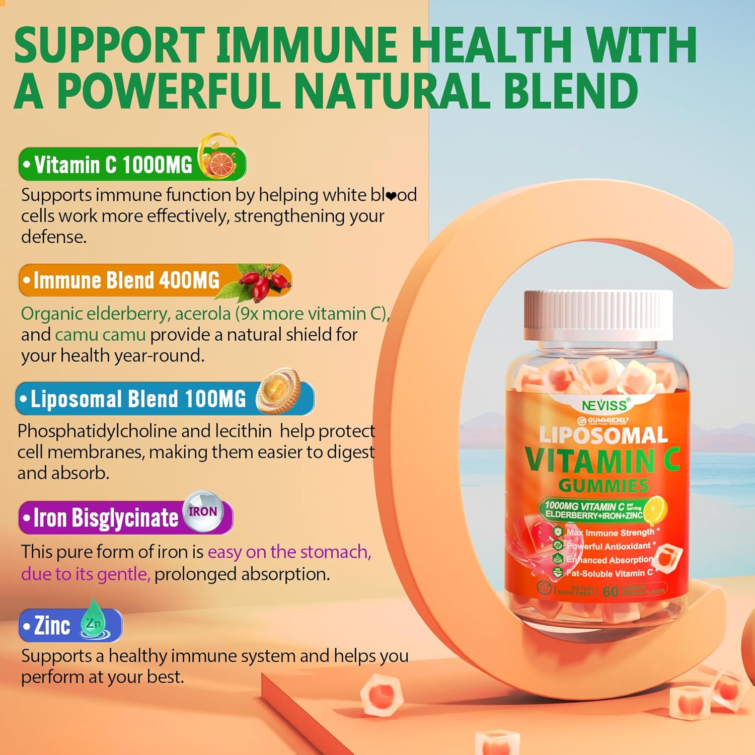 Liposomal Vitamin C 1000mg Gummies for Adults - Vitamin C Chewable 1500mg with 8mg Iron, Zinc & Elderberry - Immune Support, Immune Booster Supplement - for Energy, Collagen Booster, 1Pack Sugar Free