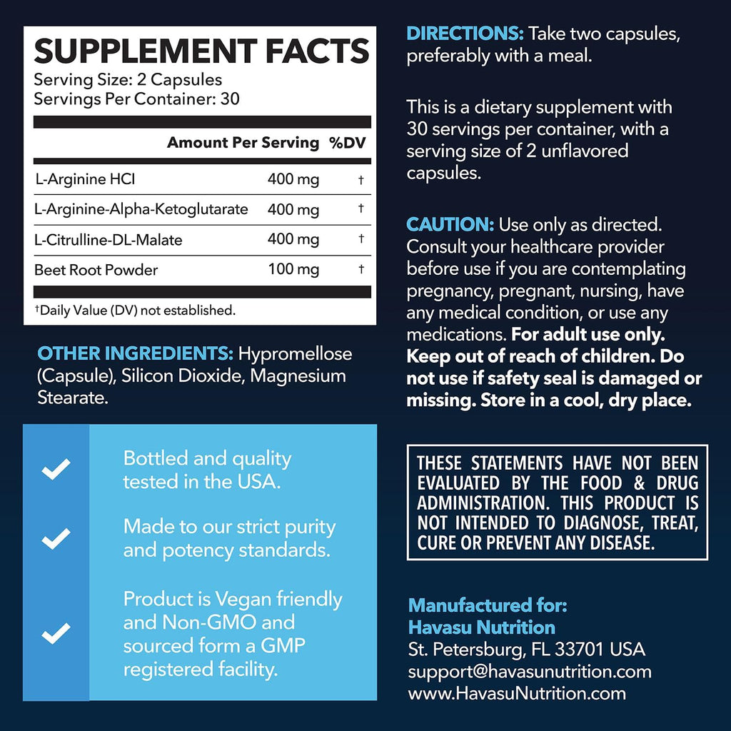 L-Arginine Capsules with L-Citrulline - Nitric Oxide Supplement - L Arginine and L Citrulline Blend - 60 Count - Vegan, Non-GMO Capsules for Performance, Endurance and Muscle Support - 1 Month Supply