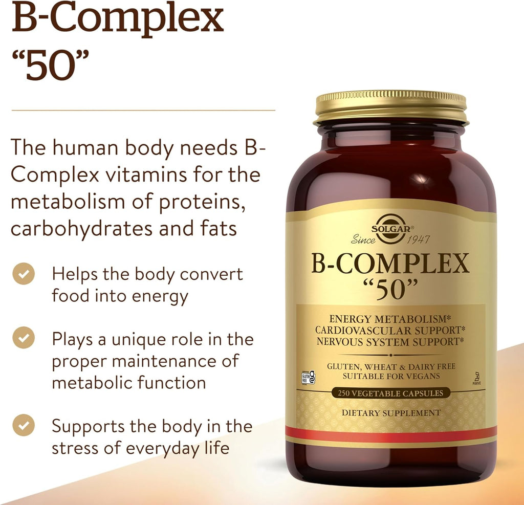 Solgar B-Complex “50”, 250 Vegetable Capsules - Energy Metabolism, Cardiovascular Support, Nervous System Support - Non-GMO, Vegan, Gluten Free, Dairy Free, Kosher - 250 Servings
