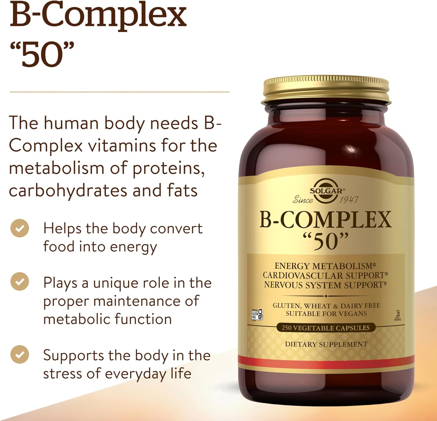 Solgar B-Complex “50”, 250 Vegetable Capsules - Energy Metabolism, Cardiovascular Support, Nervous System Support - Non-GMO, Vegan, Gluten Free, Dairy Free, Kosher - 250 Servings