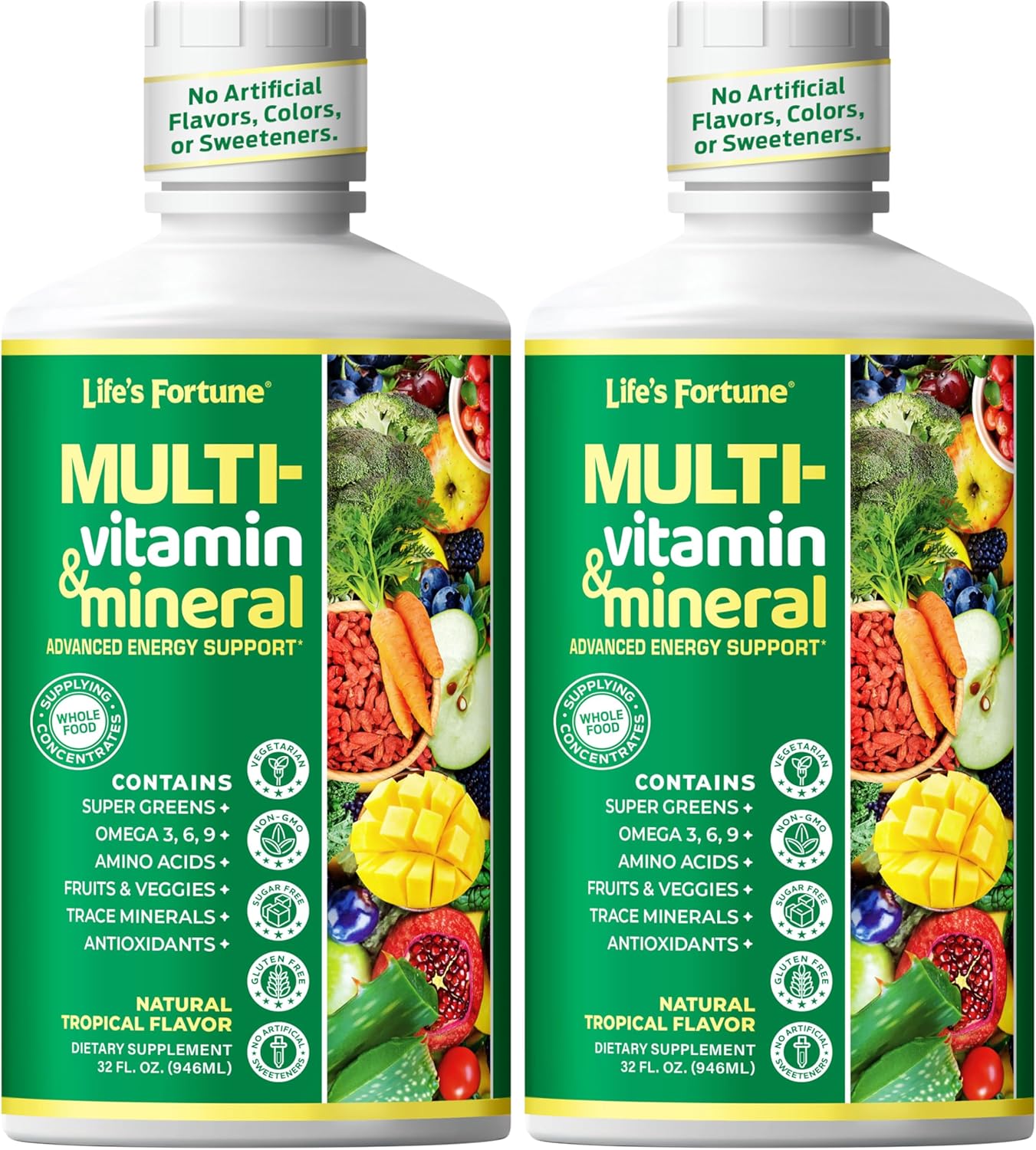 Life's Fortune Multivitamin All Natural Energy Source Supplying Whole Food Concentrates, Antioxidants, Amino Acids, Enzymes, Trace Minerals & More, 32 Servings (Pack of 2)