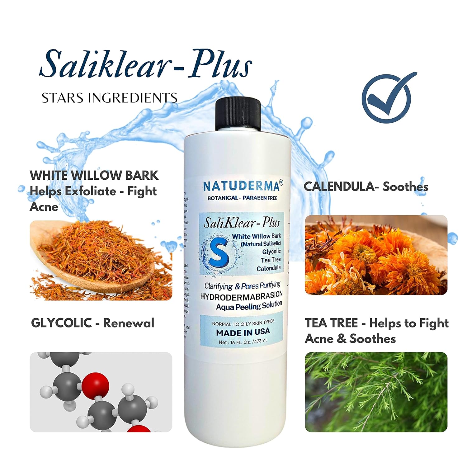 Hydrodermabrasion Serum SALIKLEAR, Extraction - Exfoliation -Unclog Pores Solution for Wet Microdermabrasion or Aqua Peeling machine, 16 oz. by Natuderma.