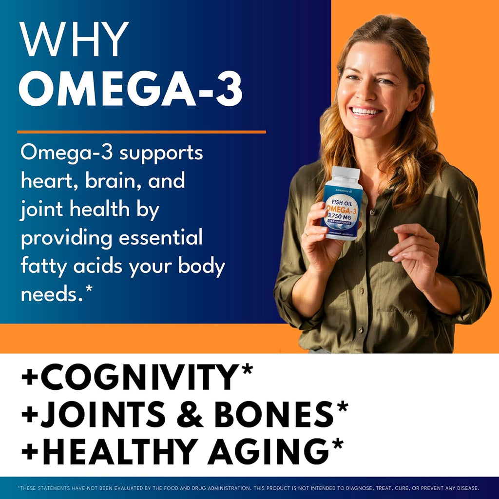 Triple Strength Omega 3 Fish Oil 3750 mg - EPA & DHA - Over 3000mg Omega-3 Fatty Acids - 1350mg EPA + 900mg DHA - Best Essential Fatty Acids, Burpless Fish Oil - 90 Count