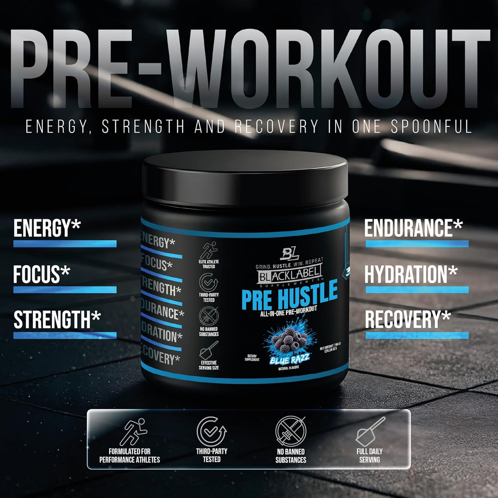 BLACKLABEL Supplements PRE Hustle V3 Pre-Workout Powder – NSF Certified for Sport – Energy, Strength & Endurance Support – Blue Razz – with Creatine & Caffeine – 30 Servings
