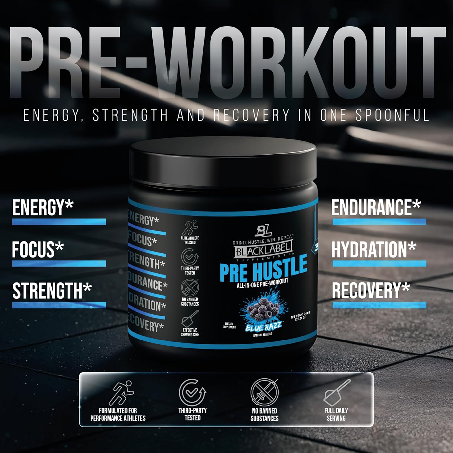 BLACKLABEL Supplements PRE Hustle V3 Pre-Workout Powder – NSF Certified for Sport – Energy, Strength & Endurance Support – Blue Razz – with Creatine & Caffeine – 30 Servings