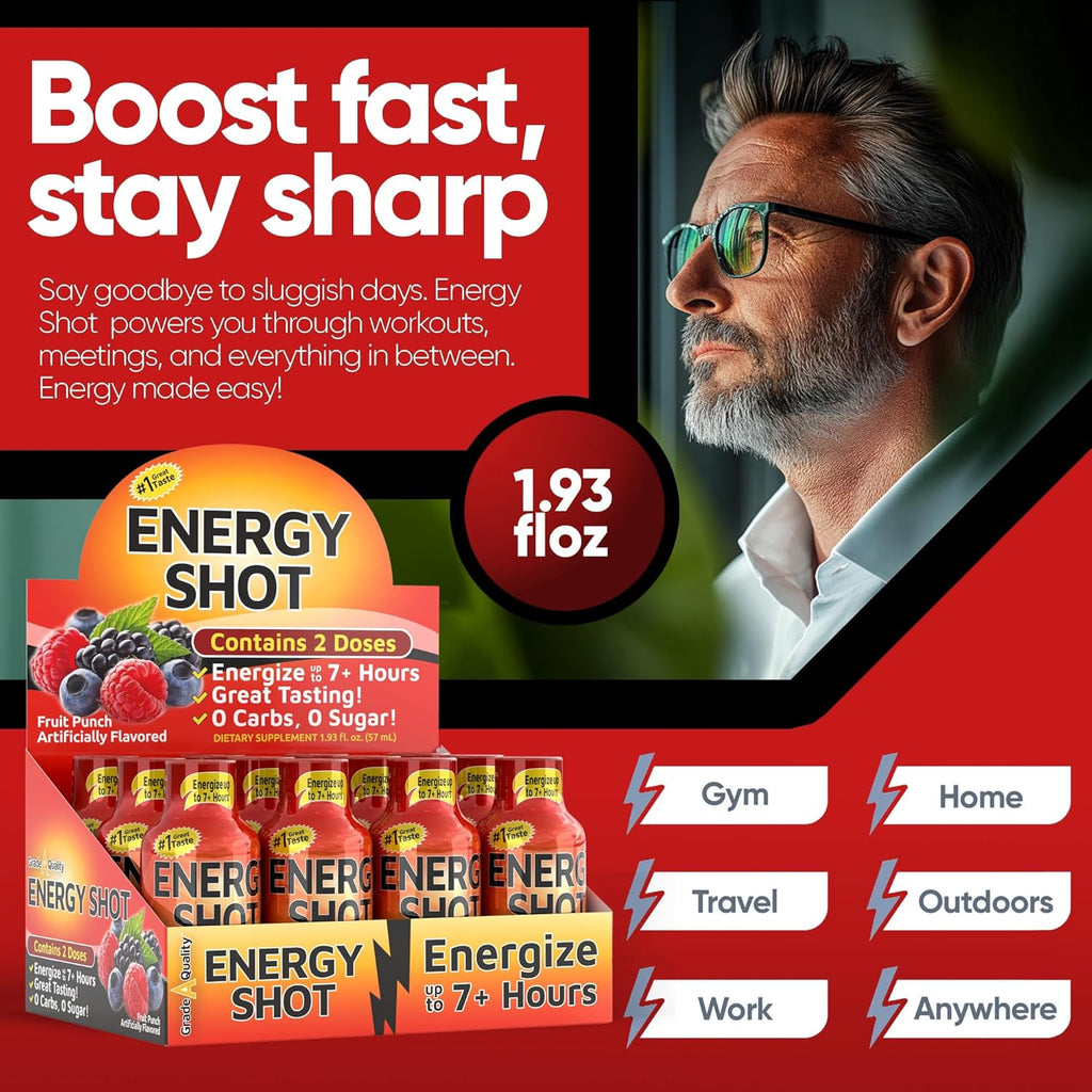 Fruit Punch Extra Strength Energy Shot 48 pk – 260mg Natural Caffeine B12 B6 – Energy & Focus Support – 2 Servings Sugar Free Zero Calorie Green Tea B-Vitamins Electrolytes Vegan – 1.93 fl oz