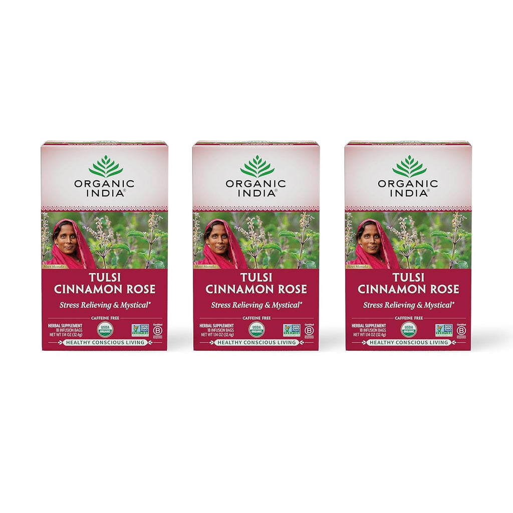 ORGANIC INDIA Tulsi Cinnamon Rose Tea - Tulsi Rose Tea Bags, Cinnamon Tea Bags w/Holy Basil, Chamomile, Caffeine Free - 18 Infusion Bags, 3 Pack